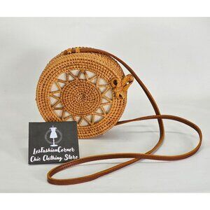 Bali Women’s Beige Straw Rattan Jute Round Boho Shape Handbag Small 2028